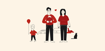 Illustrasjon av to foreldre med to sm&#229; barn, Storebrand forsikrring plakat