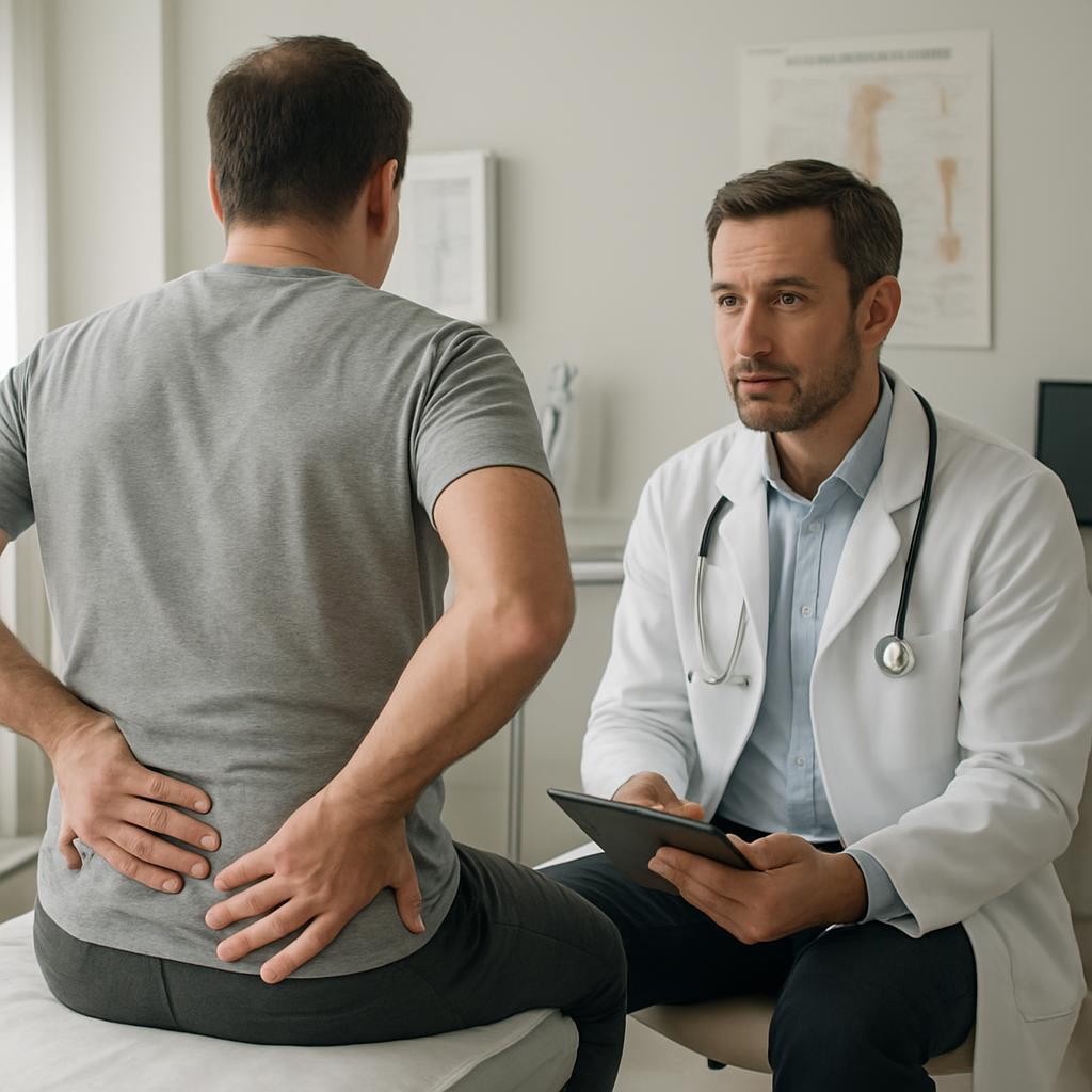 Pssient og lege, pasient har hendene over korsryggen