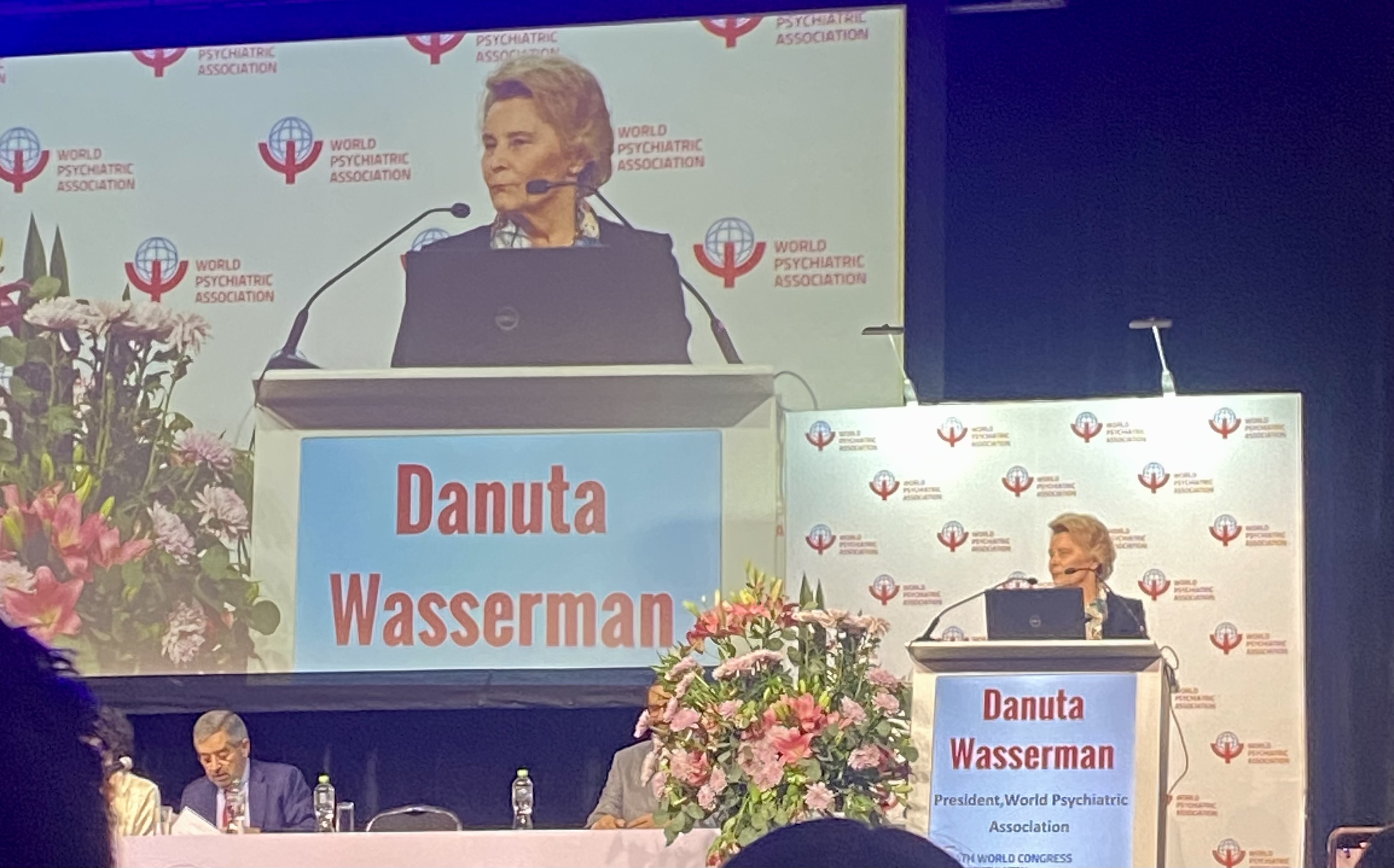 En kvinne st&aring;r p&aring; et podium og foreleser.