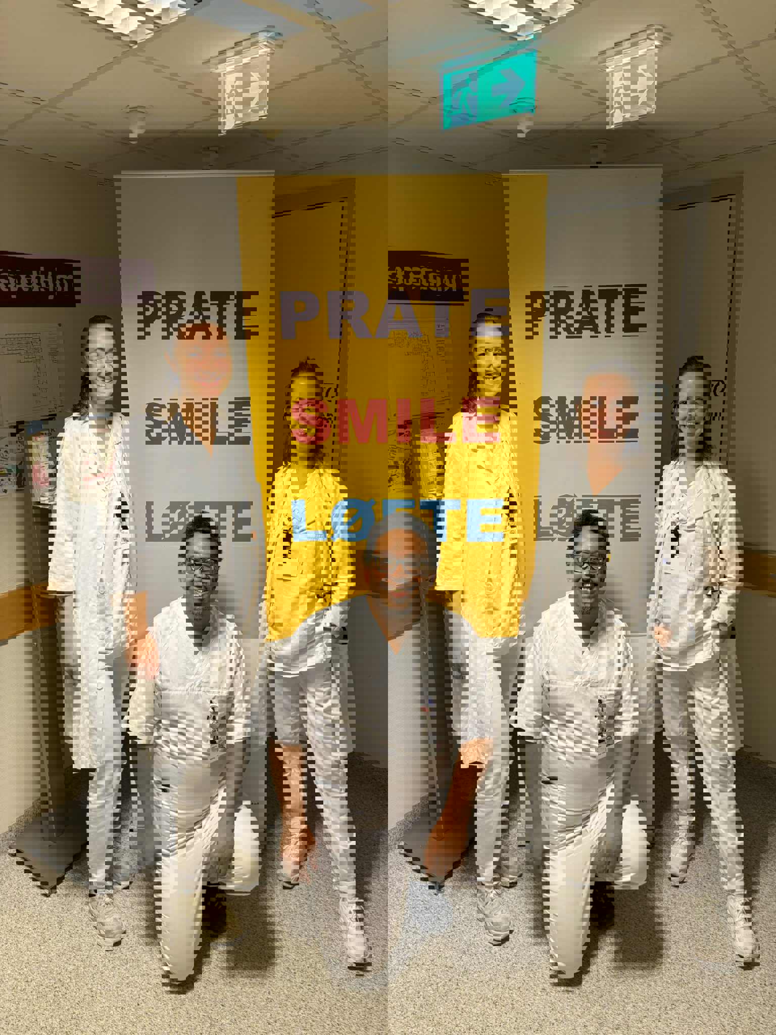 Bilde av tre LIS ved Skien sykehus foran en Prate-Smile-Løfte plakat