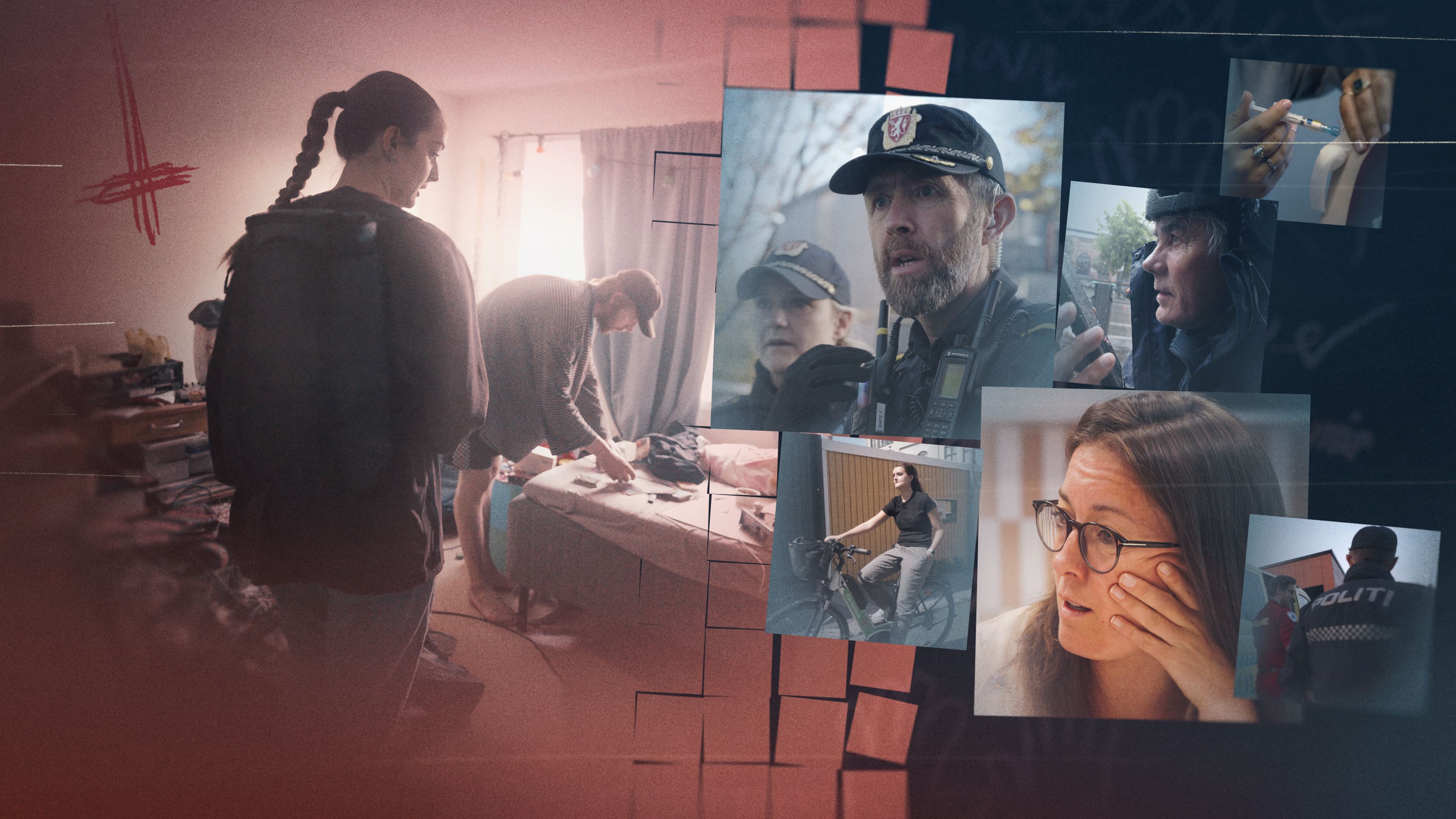 Bildecollage fra tv-serien PSYK.Mange mennesker i ulike situasjoner.