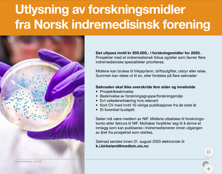 Utlysning forskningsmidler fra Norsk indremedisinsk forening 2020. Foto: Norsk indremedisinsk forening