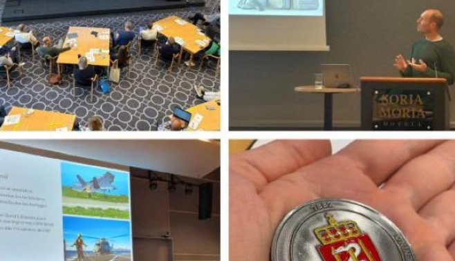 Bilder som viser tidligere seminar ved foreningen, samt utsnitt av en Coin