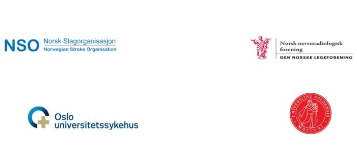 Logoene til Nors Slagorganisasjon, Norsk nevroradiologisk forening, Oslo universitetssykehus og Universitetet i Oslo.