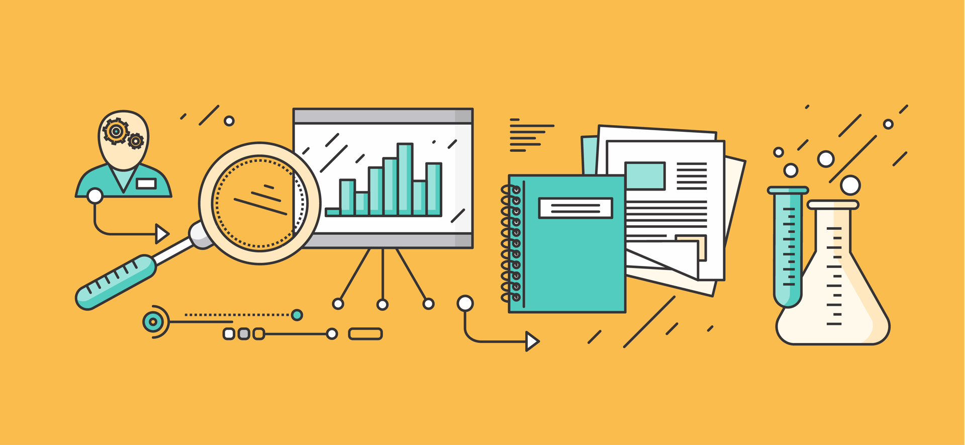 Bilde: robuart Process research planning and learning. Strategy concept, management plan educate, control, science experience, education and discover, brainstorming and implementation. Set of thin, lines flat icons