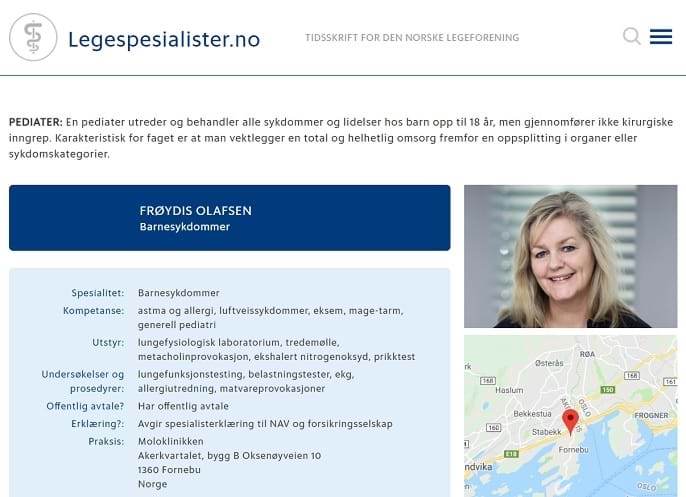 Skjermdump av Frøydis Olafsen sin profil på Legespesialister.no