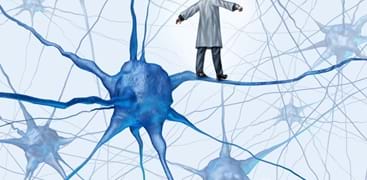 Illustrasjon av en mann som g&#229;r p&#229; et nevron. Illustrasjon: Colourbox.com
