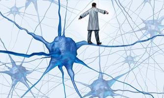 Illustrasjon av en mann som går på et nevron. Illustrasjon: Colourbox.com