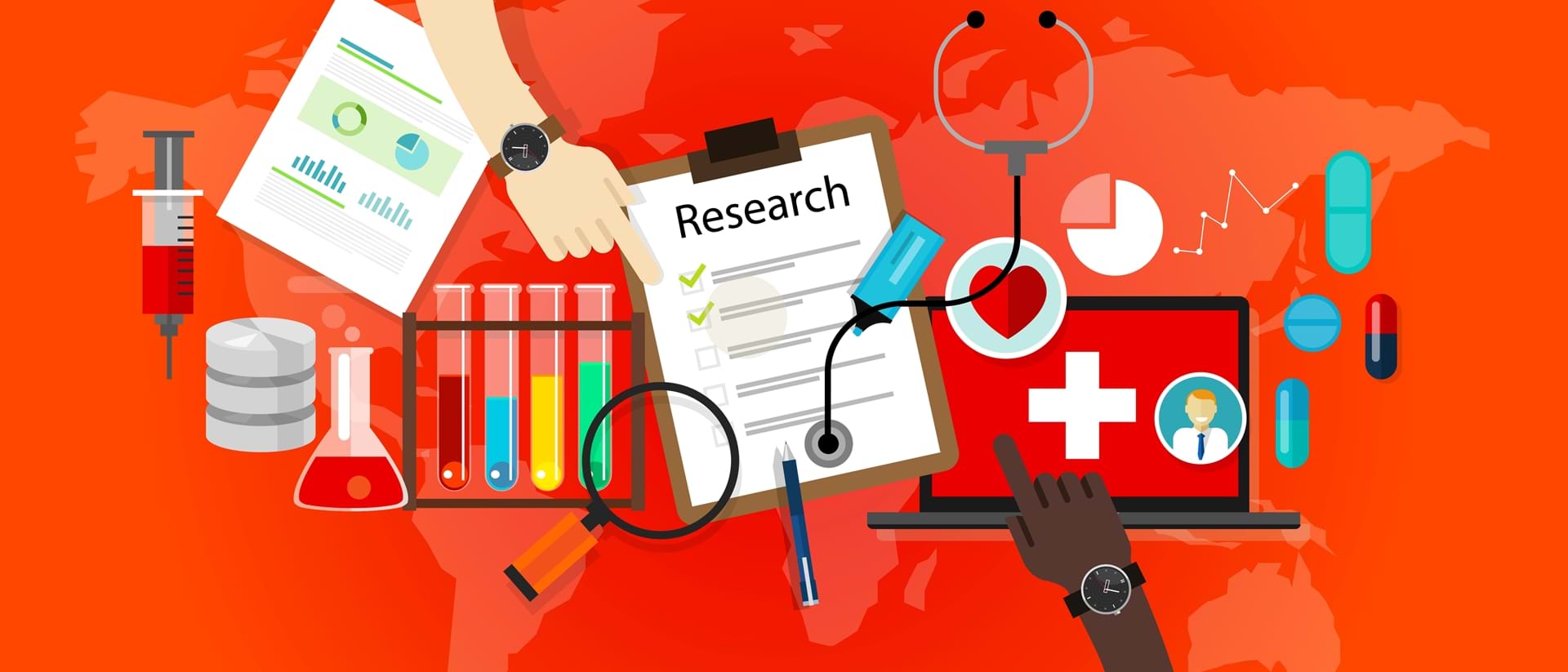 Illustration of medical research with red background, Colourbox