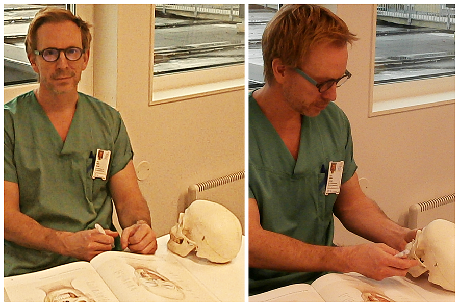 Bilde av Even Mjøen, lederen i Norsk forening for maxillofacial kirurgi som undersøker en skalle.