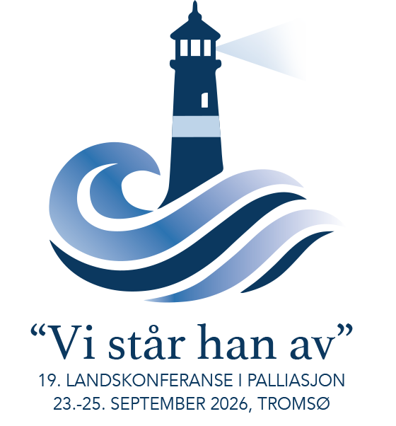 Logo Landskonferansen i Palliasjon 2026. Et fyr med bølger brusende rundt seg. Teksten "Vi står han av"