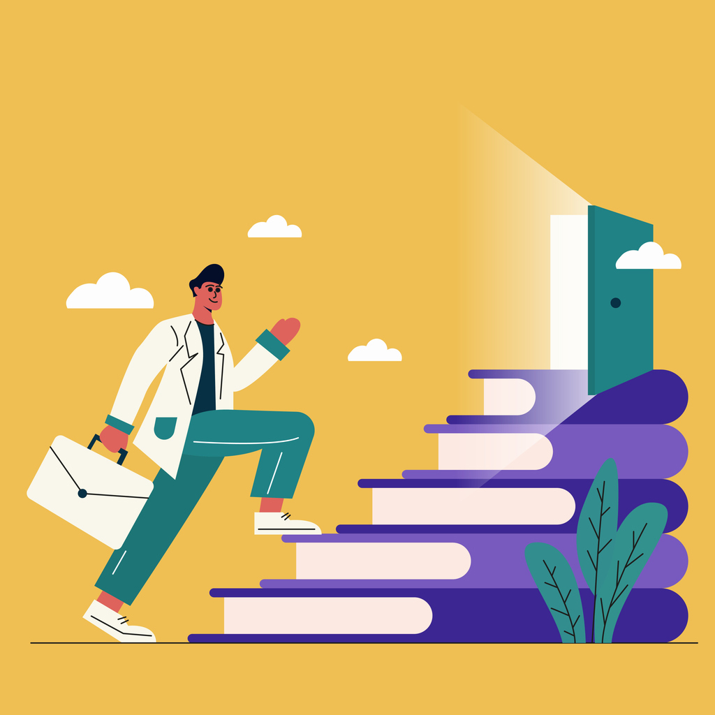 En lege som går opp en trapp av bøker mot en åpen dør. Illustrasjon: Istockphoto.com/Tufan