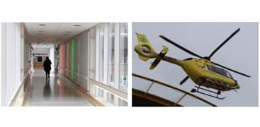 Bilde av korridorene p&#229; Ullev&#229;l sykehus samt et helikopter