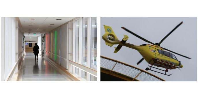 Bilde av korridorene på Ullevål sykehus samt et helikopter