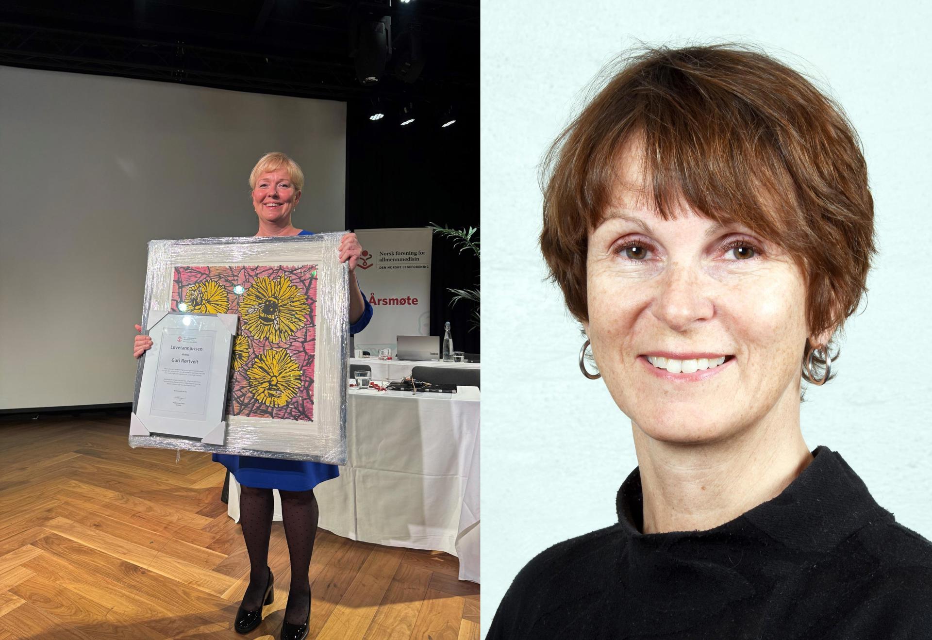 PRISVINNER: Løvetannprisen 2025 ble delt ut under Våruka i Kristiansand av NFA-leder Marte Kvittum Tangen. Prisvinner Guri Rørtveit deltok digitalt. Foto: Legeforeningen 