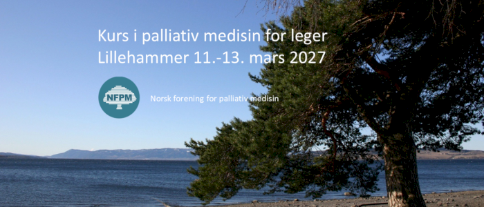 Logo Vårkurset 2027. Teksten Kurs i palliativ medisin for leger med logo for NFPM og bilde av et tre