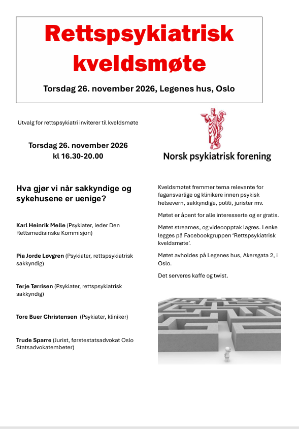 flyer med informasjon om rettspsykiatrisk kveldsmøte
