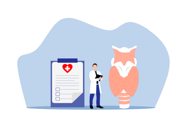 Bilde av en pasientjournal, lege og en skjoldbruskkjertel