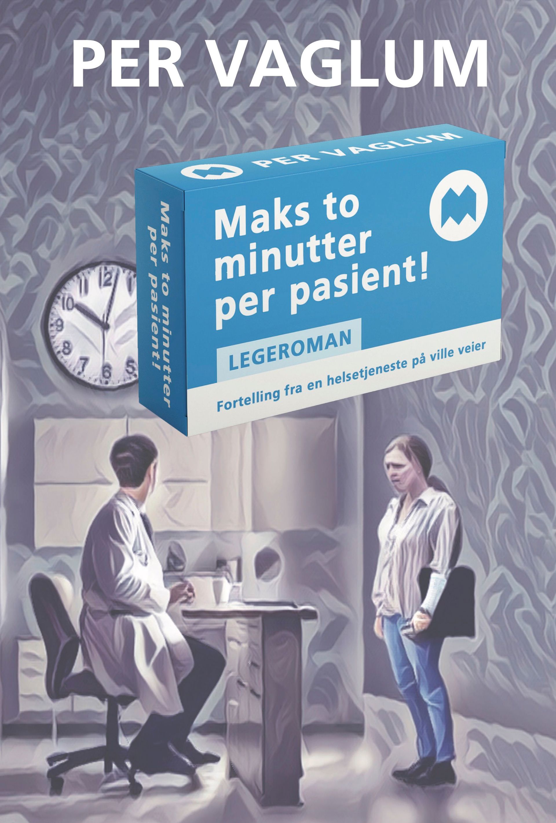 En blå og hvit pilleeske med tittel og undertitte. Bakgrunnen er grå og med to tegnede personer, en lege i hvitt og en pasient. Klokke på veggen