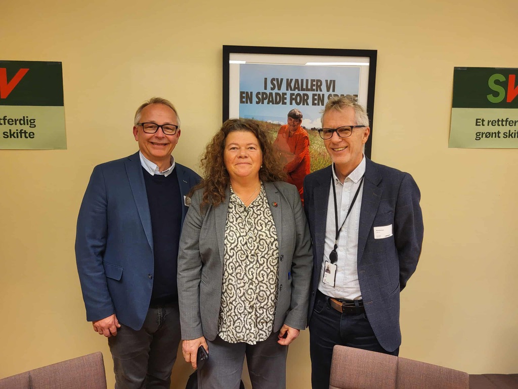 To menn p&aring; hver sin side av en kvinne. Alle i jakke.