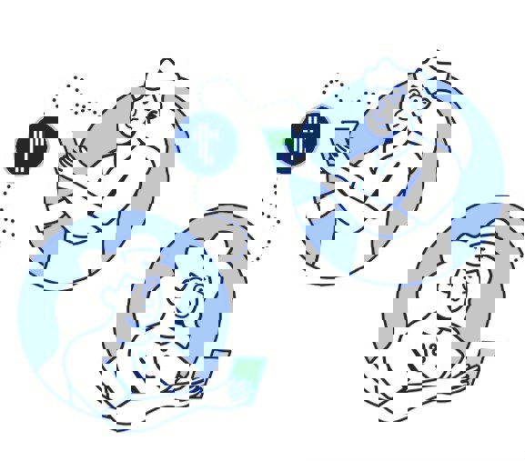 Illustrasjon fra Tannhelsehjelpen: to bobler viser to helsepersonell som kommuniserer via appen