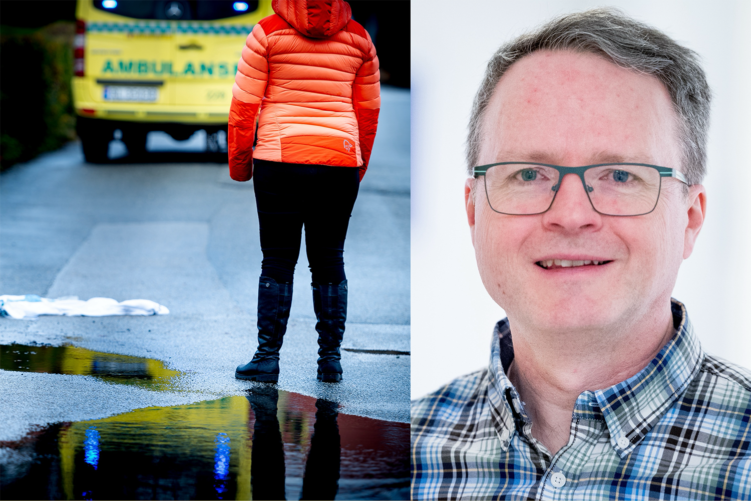 Bilde av en ambulanse og en person samt Conrad Bjørshol som gir bistand til førstehjelpere. Conrad har briller og ser bra ut i skjorte.