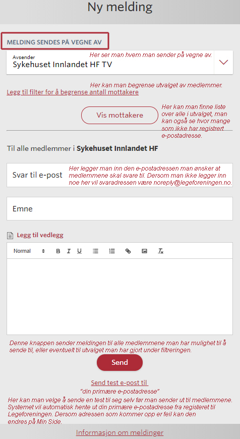 Skjermbilde av meldingstjenesten med forklarende tekster for funksjoner.