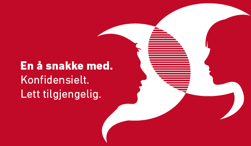 Støttekollegaordningen illustrasjon av to mennesker som snakker sammen - rød logo