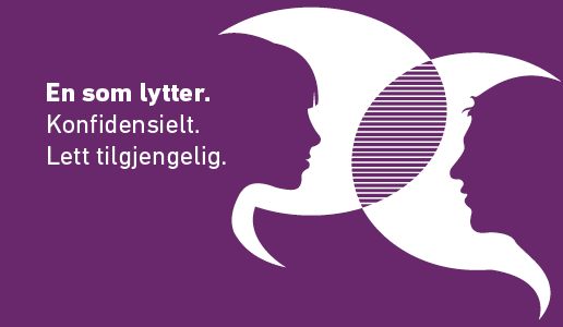 Støttekollegaordningen illustrasjon av to mennesker som snakker sammen - lilla logo