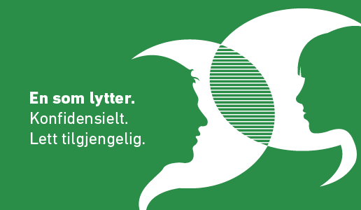 Støttekollegaordningen illustrasjon av to mennesker som snakker sammen - grønn logo