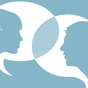 Støttekollegaordningen illustrasjon av to mennesker som snakker sammen - blå logo
